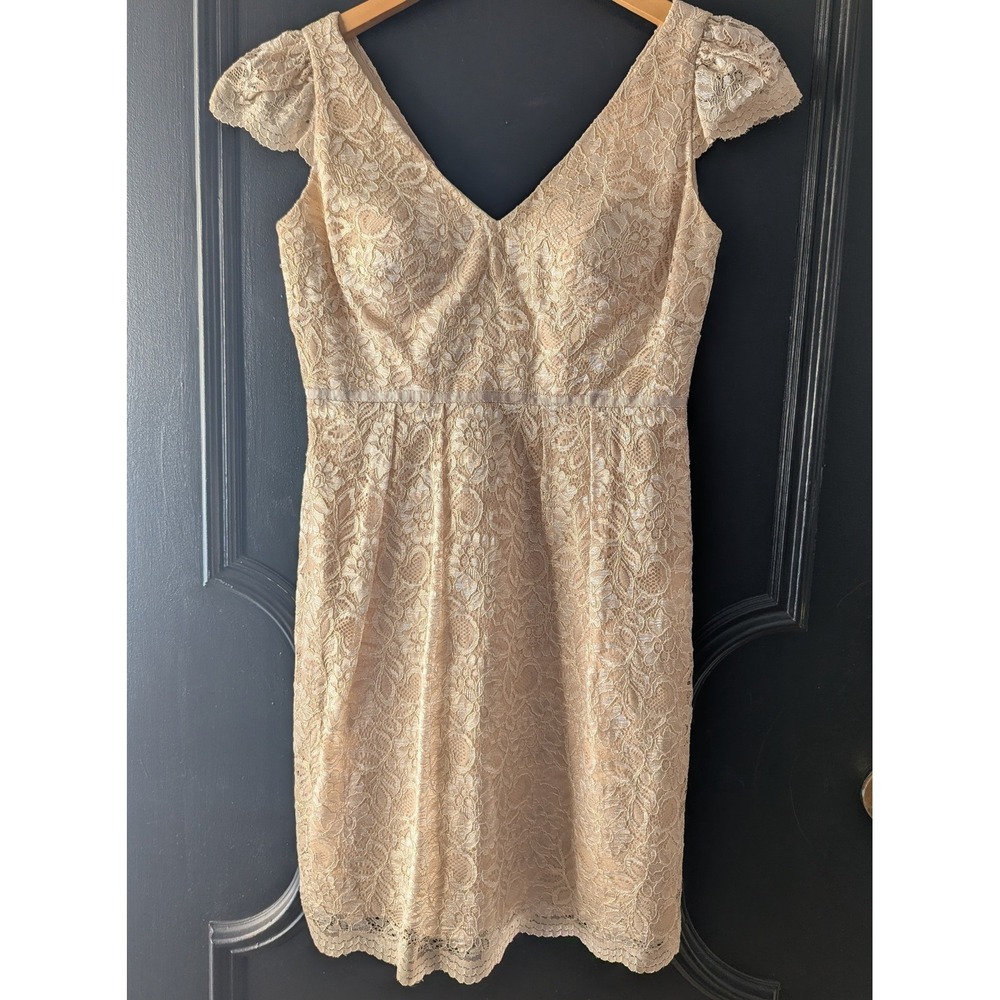 Jenny Yoo Collection Gold Lace V Neck‎ Cap Sleeve Cocktail Dress Size 6 Coquette